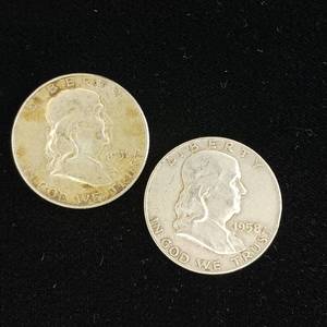 lot 343 image: Franklin Half Dollars - 90% silver - 2 coins - Tax Exempt