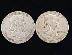 lot 446 image: Franklin Half Dollars - 90% silver - 2 coins - Tax Exempt