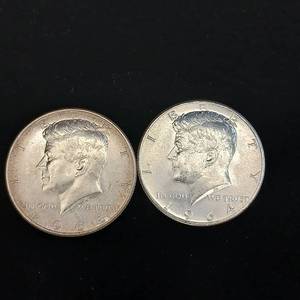 lot 25A image: 1964 Kennedy Half Dollars 2 coins - last year of 90% silver halves - tax exempt