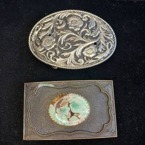 lot 297 image: Vintage Belt Buckles - 2 pc Lot - Picture Jasper Cabochon - Western Belt Buckles
