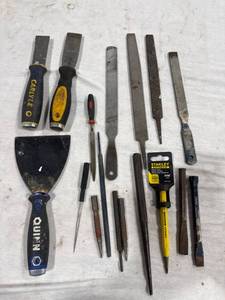 lot 1792 image: Assorted Hand Tools Lot various hand tools including chisels, files, punches, and a scraper
