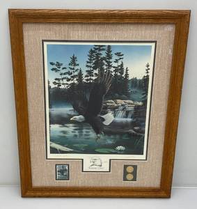 lot 3 image: 20 12 x 24 12 Pencil Signed Leo Stans 1990 BOUNDRAY WATERS With Eagle Print Framed With Coins And Stamps