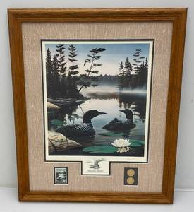 lot 4 image: 20 12 x 24 12 Pencil Signed Leo Stans 1990 BOUNDRAY WATERS With Loons Print Framed With Coins And Stamps