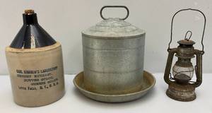 lot 23 image: Vintage Primitive Items Including Small Oil Lamp, Whiskey Style Jug With Imprint And More