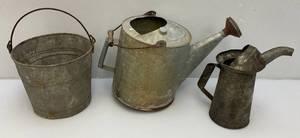 lot 109 image: Misc. Vintage Galvanized Watering Pails And Oil Can