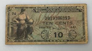 lot 138 image: 1940s Ten Cents  Series 481  Military Payment Certificate Currency