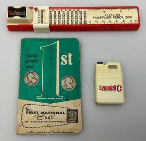 lot 146 image: Misc. Cool Collectibles Including Miniature Lyondell Petrochemical Company Oil Jug Tape Measure, Sterling Multiplier Pencil Box & More