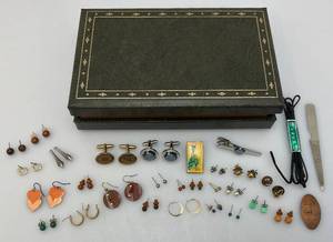 lot 167 image: Vintage Jewelry Box With Misc. Earrings, Cuff Links And More