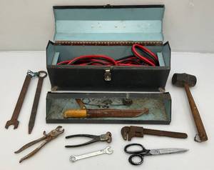 lot 194 image: Vintage Metal Tool Box With Very Old Tools And Newer Jumper Cables