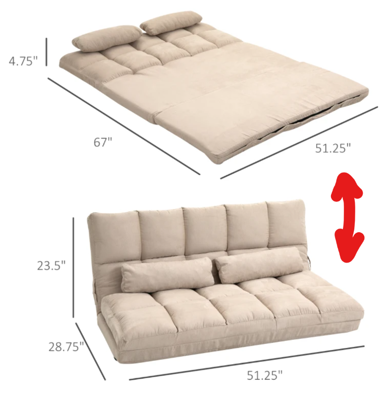 lot 72 image: HOMCOM Convertible Floor Sofa Chair, Folding Couch Bed, Guest Chaise Lounge with 2 Pillows, Adjustable Backrest and Headrest, 51.25 L, Beige