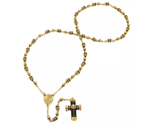 lot 16 image: STEELTIME Mens 18k Gold Plated Stainless Steel And Black Rubber Rosary Necklace Aprox. 21