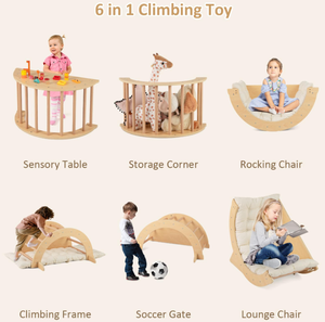 lot 75 image: INFANS Wooden Arch Climber Rocker with Cushion, 6 in 1 Montessori Climbing Toys for Toddlers, Waldorf Children Table Indoor Gym Learning Playset for Kids Boys Girls