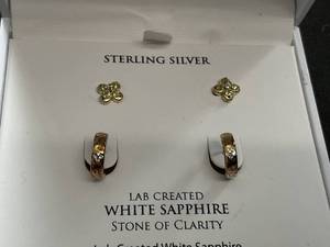 lot 116 image: R.H MCYS & CO Lab Created White Sapphire Stone Of Clarity 18K Gold Over Sterling Silver Earrings 2 Pairs (Used, Hoops Need Cleaning)