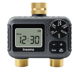 lot 124 image: Insoma 2-Zone Water Timer Brass InletOutlet, Programmable Outdoor Hose Faucet Timers with AutoManual Modes  Rain Delay, Waterproof Sprinkler Timer for Garden, Lawn, Yard, Pool  Save Water & Money (Used)
