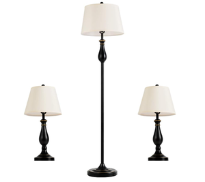 lot 206 image: Tangkula 3-Piece Vintage Metal Base Table and Floor Lamp Set, Modern Lamp Set with Fabric Shade for Living Room, Bedroom - Matt Black Finish