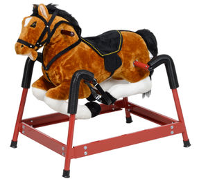 lot 306 image: Qaba Spring Rocking Horse, Kids Ride on Horse, Plush Horse Ride-on w Sounds & Foot Stirrups for Kids 3-8 Years, Brown (1 Wooden Handle Broken)