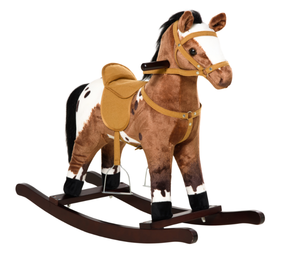 lot 322 image: Qaba Kids Wooden Plush Ride-On Rocking Horse Chair Toy with Realistic Sounds Dark BrownWhite