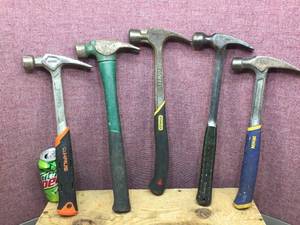 lot 276 image: 5 Framing Hammers - STANLEY - IRWIN - ESTWING - HAUS - MASTERFORCE
