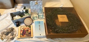 lot 27 image: Home Decor Collection with Lavender Wreath, Wind Chime, Glass Set, and Accessories