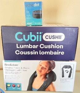 lot 96 image: Lot of 3 Electronics and Wellness Items Including Echo Dot, Lumbar Cushion, and Brookstone Neck Massager