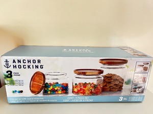 lot 103 image: Anchor Hocking 3 Piece Glass Jar Set with Acacia Wood Lids New in Box