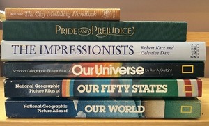 lot 305 image: Collection of 6 Hardcover Books Including National Geographic Atlases, Impressionists, Pride and Prejudice