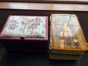 lot 308 image: Upholstered Sewing Box and Double Stack Organizer with Assorted Sewing Supplies