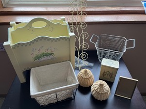 lot 309 image: Collection of Decorative Baskets, Metal Bin, Tin, and Floral Magazine Holder