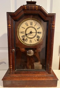 lot 326 image: Antique Mantel Clock with Wooden Case, Pat. July 30 1878
