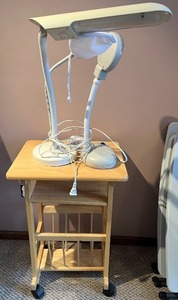 lot 320 image: Rolling Wood Side Table with Adjustable Lamp and Magnifier