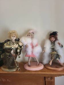 lot 157 image: Set of 3 Handmade Character Dolls with Vintage Costumes and Stands
