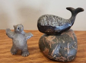 lot 165 image: Carved Stone Animal Figurines - Bear and Whale on Rock Base