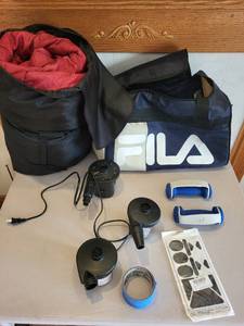 lot 178 image: Outdoor Fitness Bundle with Wenger Sleeping Bag, Fila Duffel, Weights, and Pumps