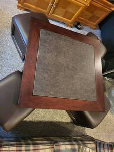 lot 262 image: Square Storage Coffee Table with Faux Leather Top and 4 Rolling Ottomans