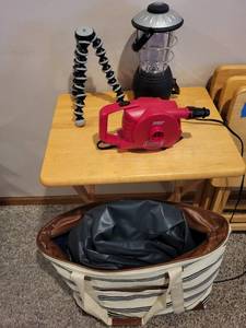 lot 276 image: Camping Essentials Set with Lantern, Flexible Tripod, Air Pump, and Inflatable Mattress in Striped Tote