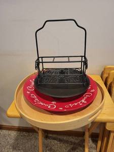 lot 278 image: Group of Serving Pieces with Metal Caddy, Bowls, Cookie Plate, and Wooden Tray