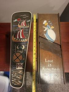 lot 295 image: Vintage Norwegian Viking Wall Plaque and Decorative Wood Slicer Duo