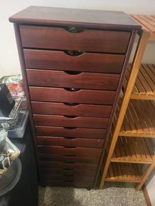 lot 332 image: Tall Wood Chest of 10 Drawers with Dark Finish 20 x 14 x 55 Inches