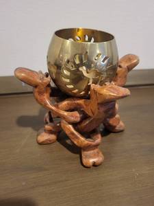 lot 341 image: Brass Camel Cutout Bowl with Hand-Carved Wooden Stand