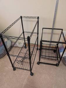lot 68 image: Set of 2 Black Metal Rolling Utility Carts with Shelves