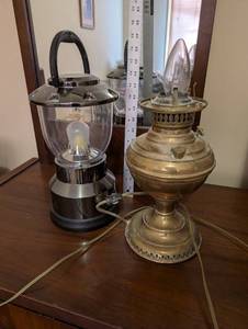 lot 69 image: Pair of Table Lanterns - Electric Brass Lamp and LED Battery Lantern