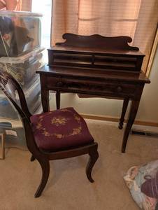 lot 70 image: Antique Wood Writing Desk with Chair and Floral Upholstered Seat