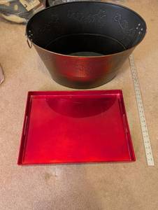 lot 81 image: Copper-Tone Embossed Metal Tub and Red Serving Tray Set