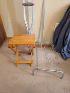 lot 90 image: Folding Wooden Stool, Adjustable Crutch, and Metal Shoe Rack Set