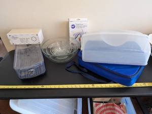 lot 92 image: Baking and Kitchenware Set with Cookie Press, Bread Tube, and Carriers