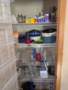 lot 233 image: Large Kitchen Pantry Lot with Glass Storage Jars, Containers, Cookware, and Assorted Utensils