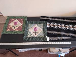 lot 239 image: Set of 2 Quilted Tulip Wall Hangings and Swedish Woven Table Runner