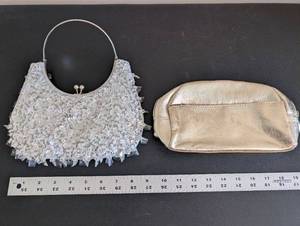 lot 248 image: Set of 2 Evening Bags with Silver Beaded Clutch and Gold Pouch