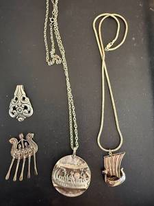 lot 119 image: Viking Ship Pendant Necklace - Scandinavian Pewter & Silver Tone Jewelry (Lot of 4)
