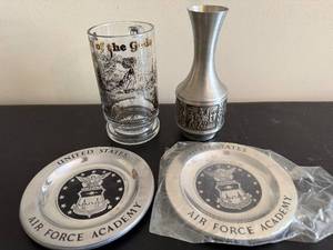 lot 199 image: Air Force Academy Collectible Glass, Silver Vase & 2 Coasters - Display Set (Lot of 4)